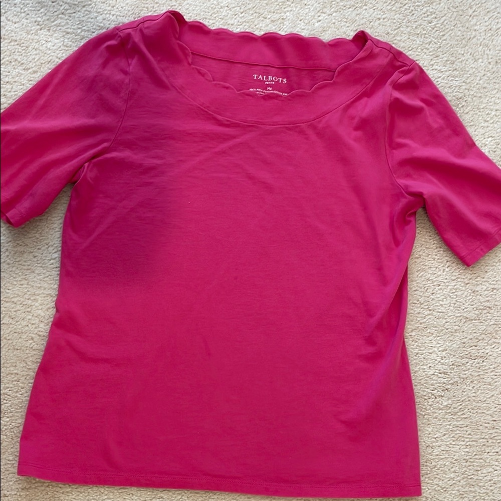 Talbots Women's Pink Top with Scalloped Neckline Petite Medium-100% Pima Cotton